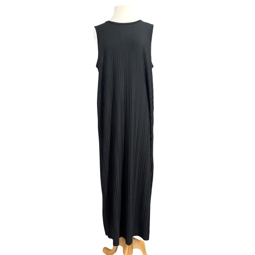 A New Day Womens L Sleeveless Maxi Dress Black Pleated Knit Column Slit L